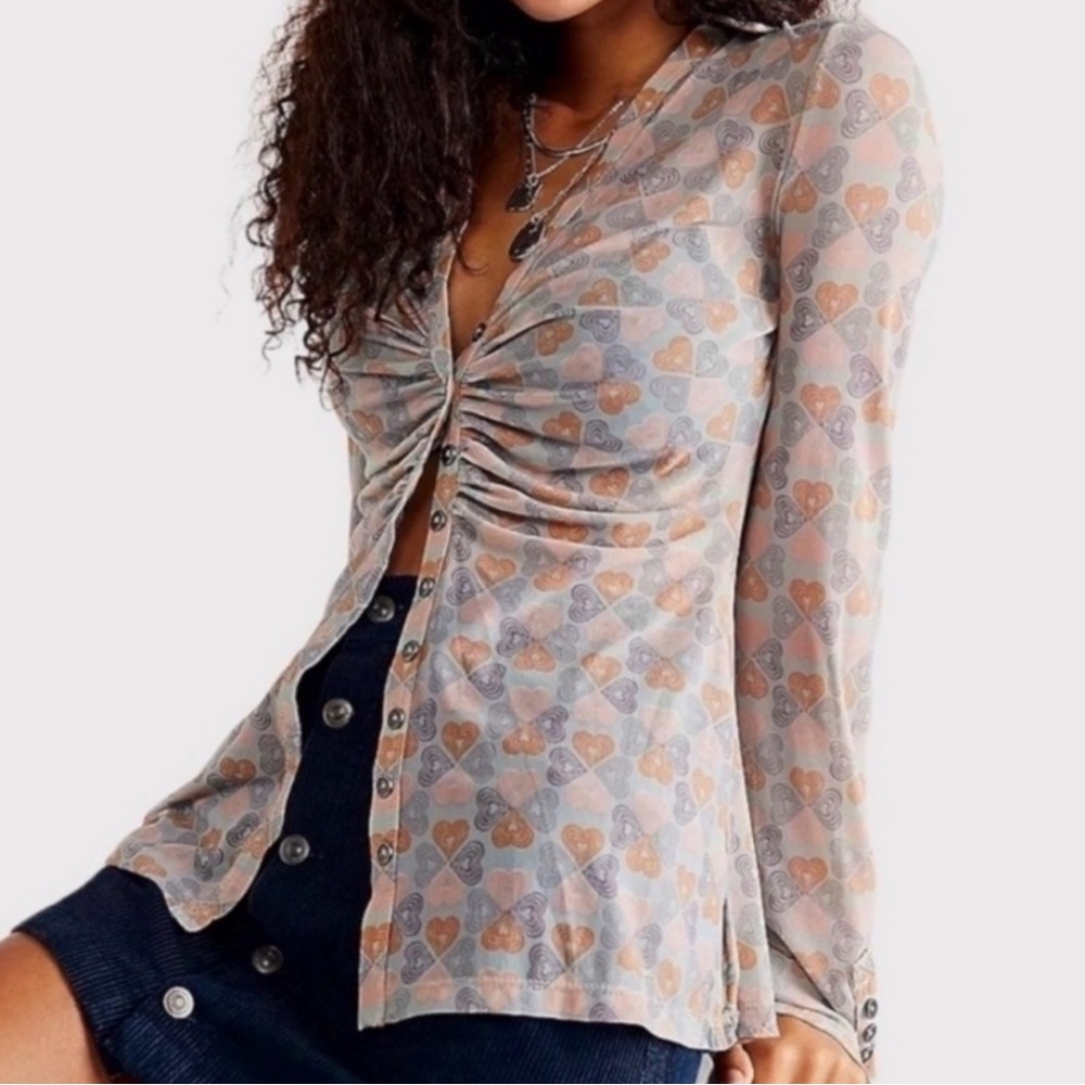 Free People Mesh Hearts Lucky Shirtee Ruched Long Sleeve Button Up Shirt S‎